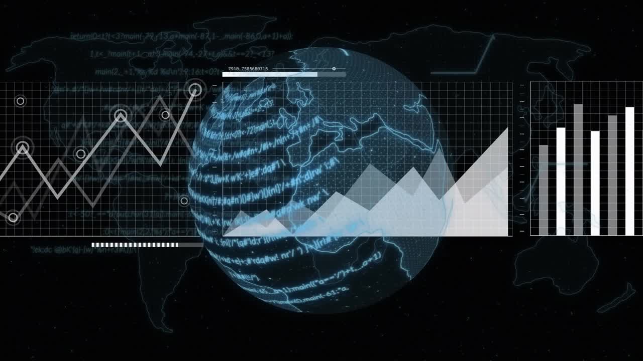 Animation af interface med databehandling over roterende globus og verdenskort på sort baggrund