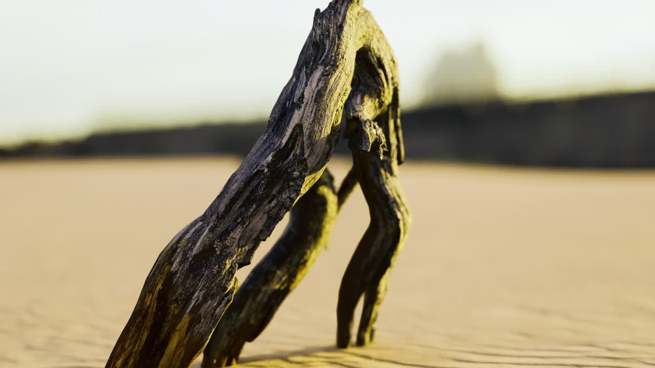 Natures sculpture emerges from golden sands at dusk on a tranquil beach