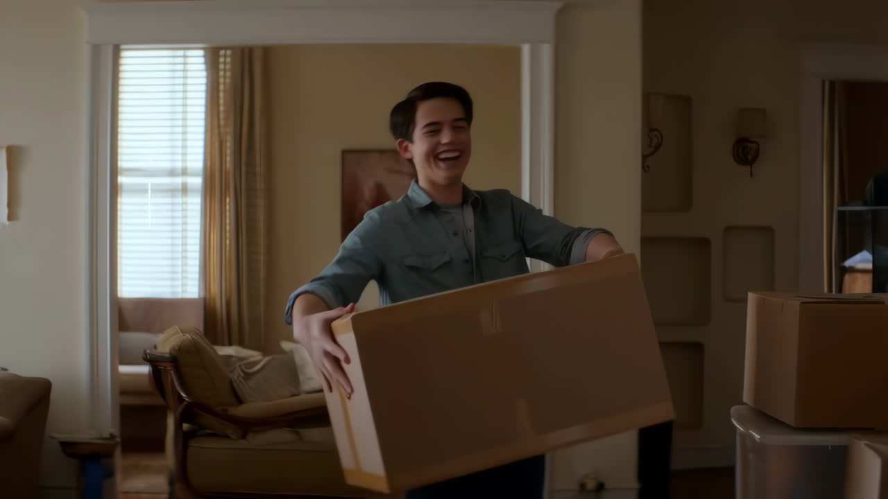 Man happily carrying a moving box