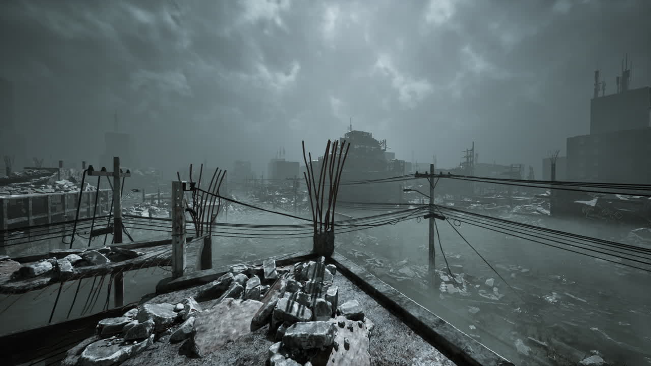 Ruined urban landscape with overcast sky and industrial remnants
