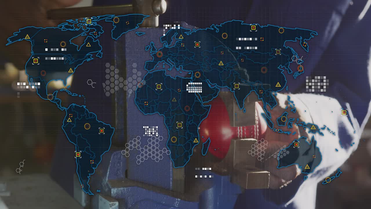 Shop tech with overlay intensifying around hands reaching, twisting to secure red part in blue vise