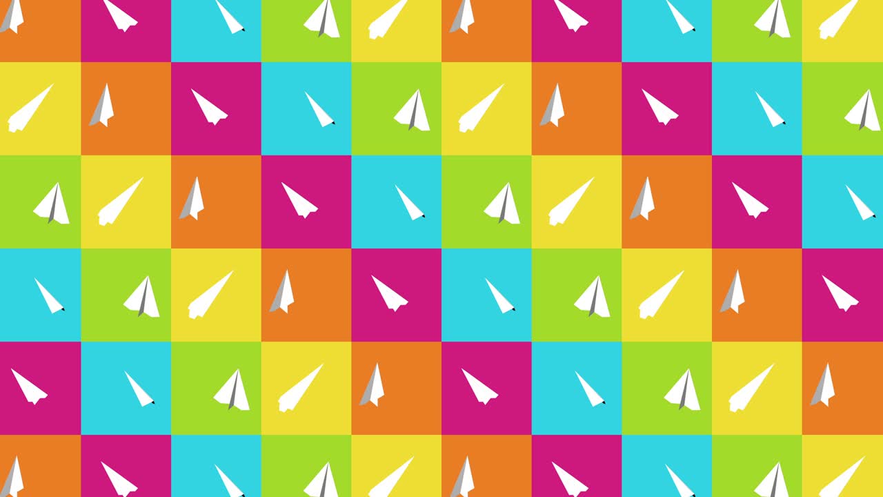 colección de aviones de papel hechos a mano. animación de bucle de avión de papel blanco que fluye sobre un fondo colorido. concepto de conexión de negocios. avión de origami volando.