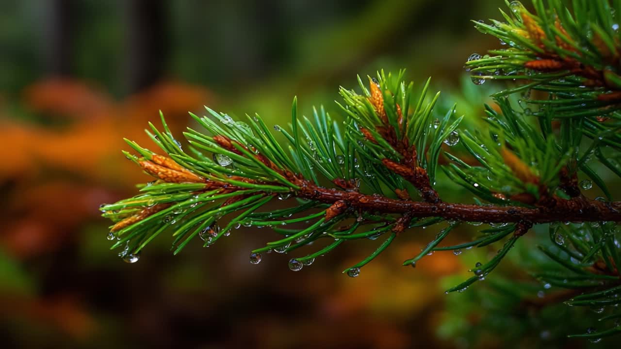 A Close-Up View of a Pine Tree Branch with Dew Drops After Rain, Surrounded by Beautiful Natural Background, Capturing the Serenity of the Forest Environment