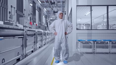 full body of asian male scientist putting hands on his hip and looking around at pharmaceutical factory, vaccine production facility
