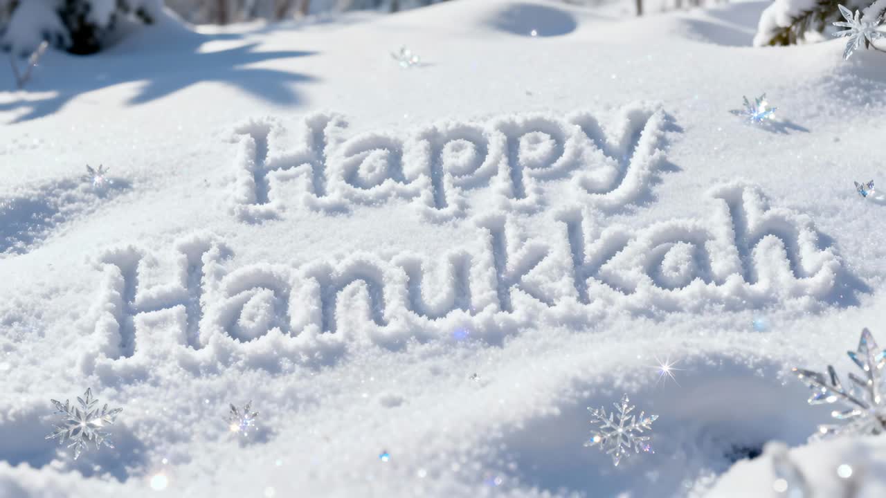 Moving camera revealing carved Happy Hanukkah letters in snowy clearing, showing fluffy ridges