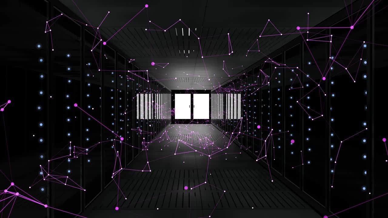 video de 4k de la luz al final de un túnel con partículas de plexo púrpura.