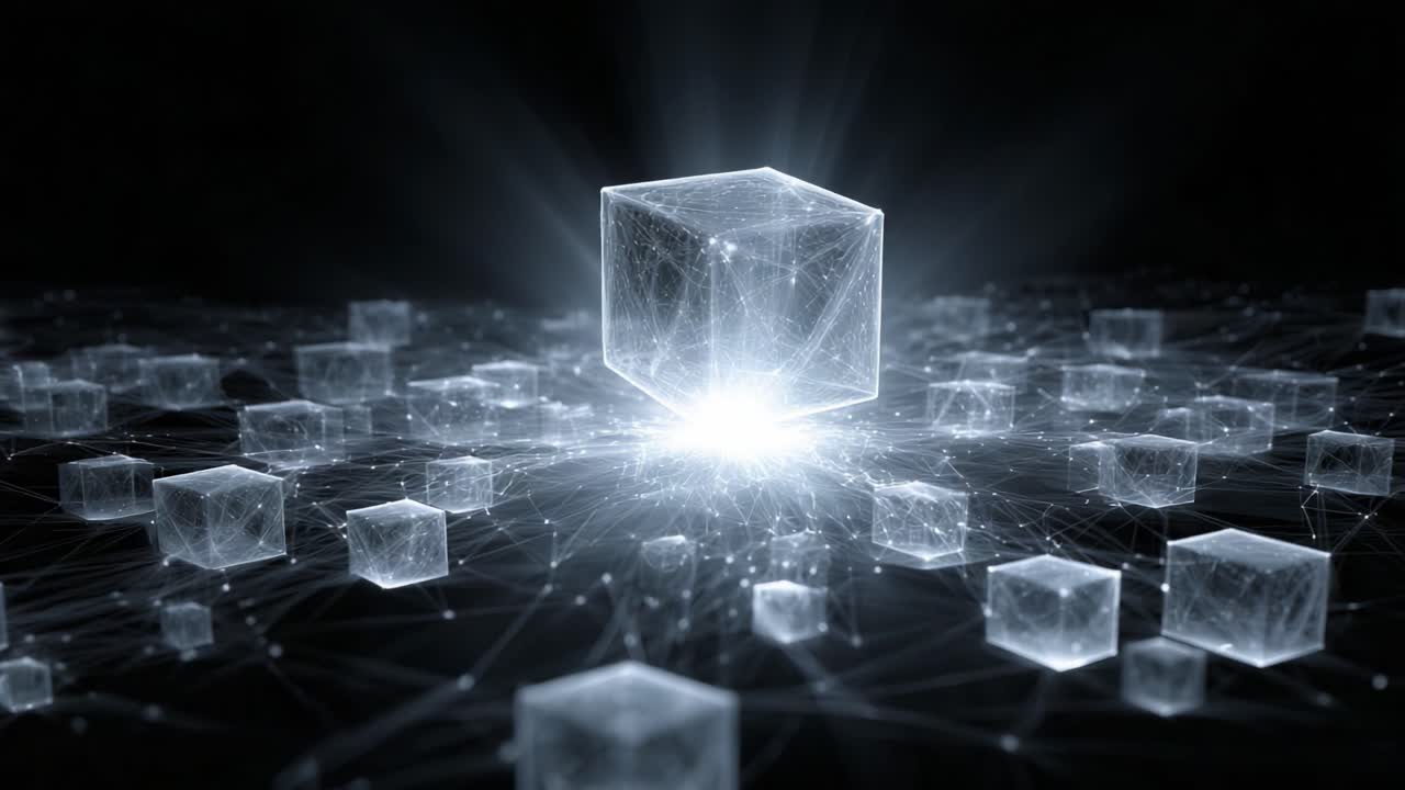 A Futuristic Visualization of Interconnected Cubes Illuminated by a Radiant Core, Symbolizing Data, Technology, and Digital Connectivity in a Networked Universe