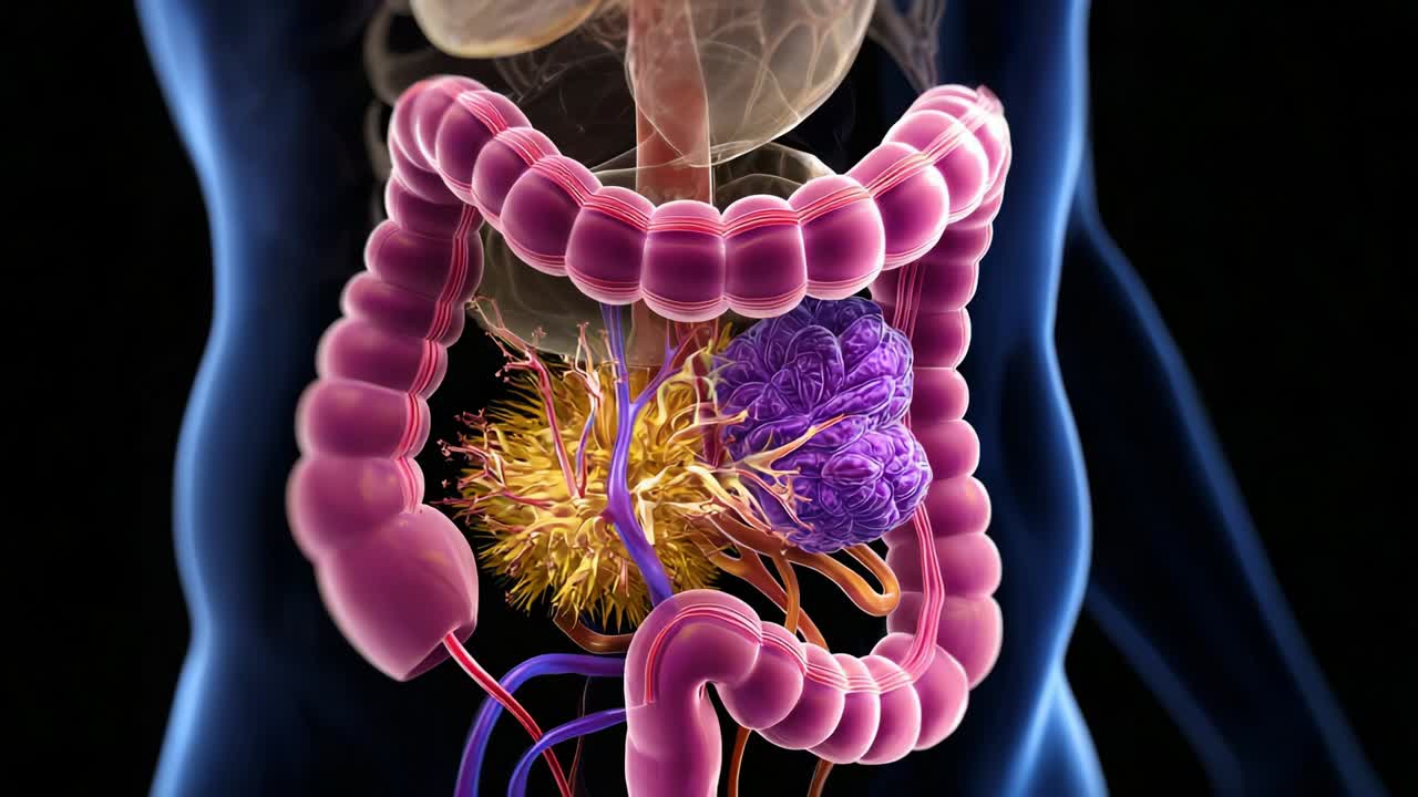 Detailed View of the Human Digestive System with Focus on the Intestines, Including Interactions Between Cells and Organs, Illustrating the Complexity of Gastrointestinal Function and Health