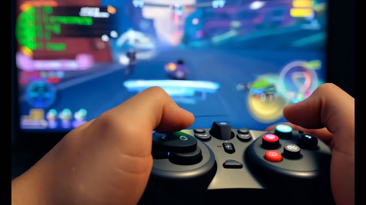 Close-up of a young boy hands gripping a joystick. Computer screen with gameplay