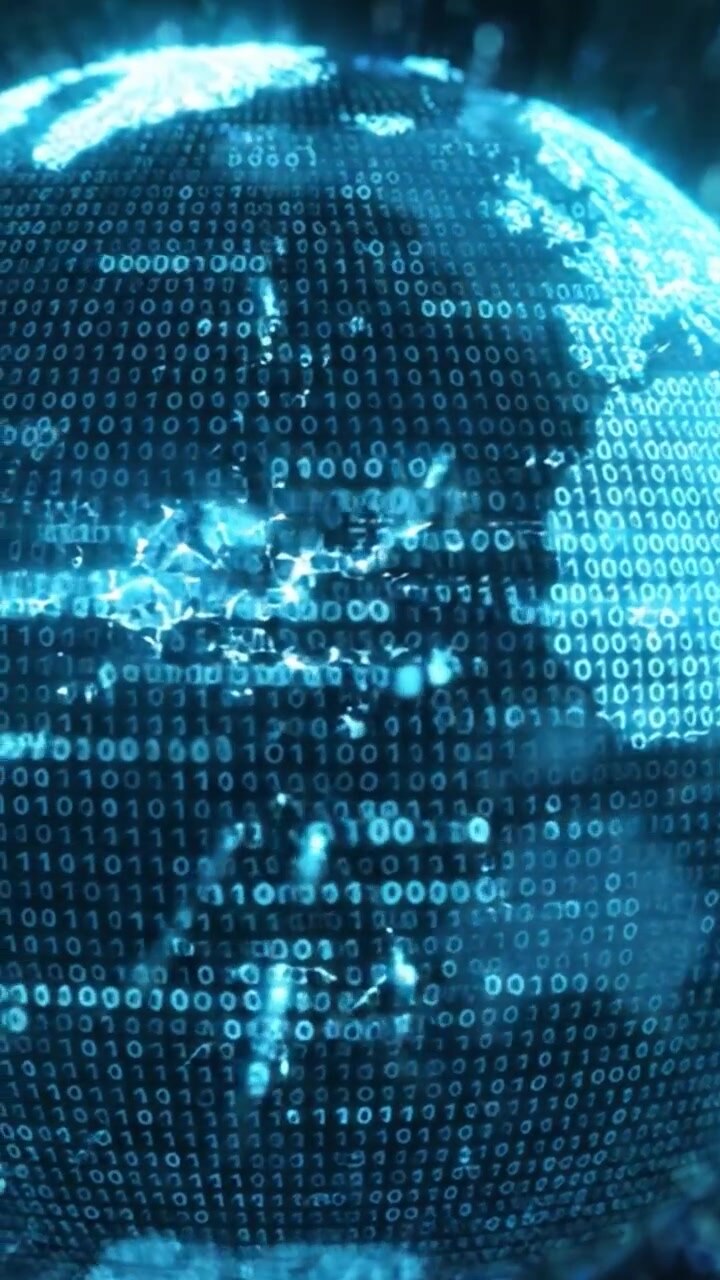 Una rappresentazione mozzafiato di una Terra migliorata digitalmente, che mostra una sovrapposizione di codice binario che rappresenta l'interconnessione della nostra comunità globale.