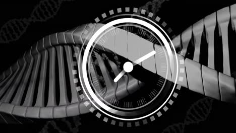 animación de un reloj que se mueve sobre cadenas de adn sobre un fondo negro