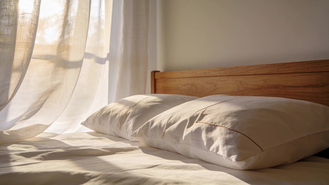 Brezza che solleva una tenda velata, luce solare che si sposta su due cuscini su un lenzuolo chiaro in camera da letto.