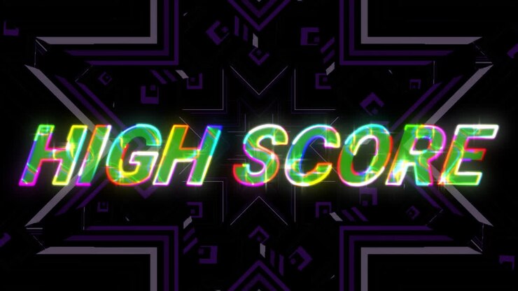 Animation of high score text over neon pattern background