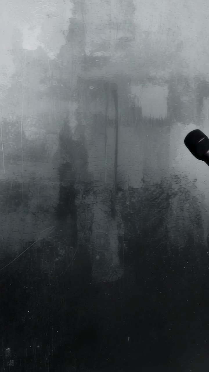 Vertical video: Showing fogged panel shedding droplets in dim rehearsal room, microphone entering