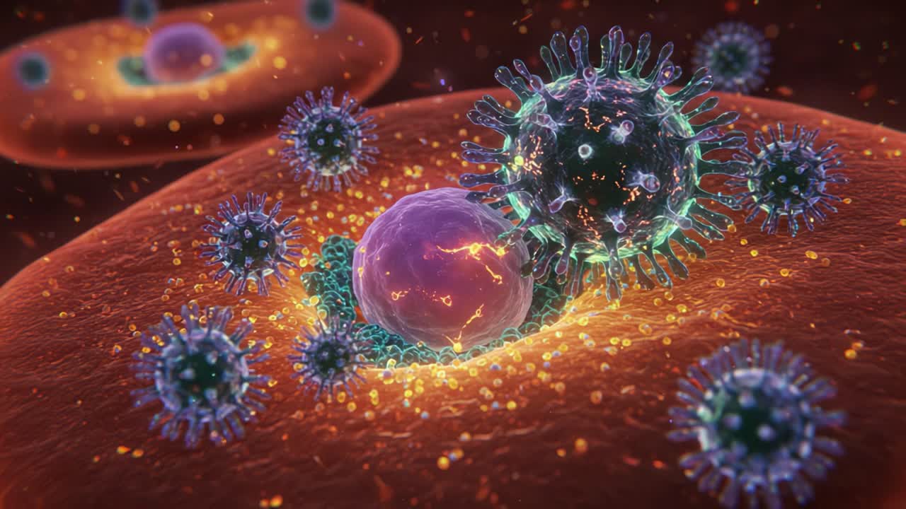 Microscopic illustration showing the dynamic interaction between viruses and immune cells, highlighting cellular processes and the battle against infection in a detailed biological setting