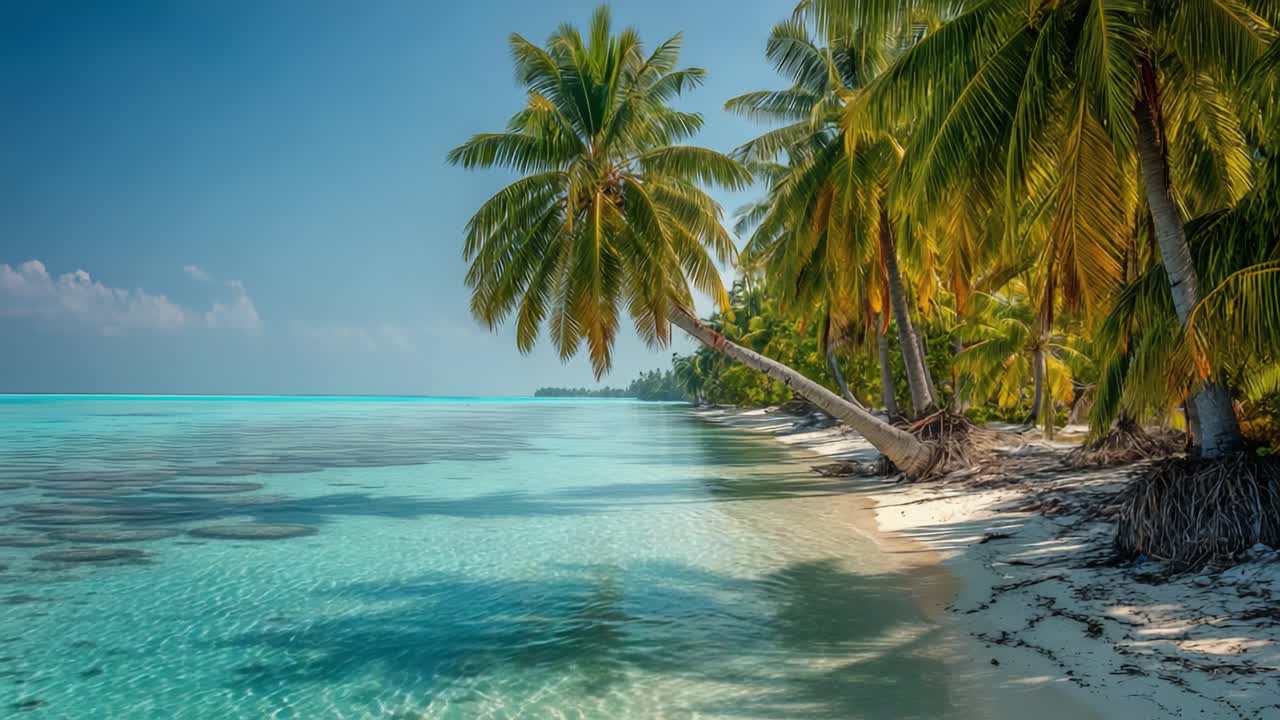 A Serene Tropical Paradise: Lush Palm Trees and Crystal-Clear Waters Frame a Tranquil Beach Scene in an Idyllic Coastal Landscape
