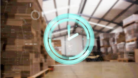 animation of clock and data processing over shelves in warehouse