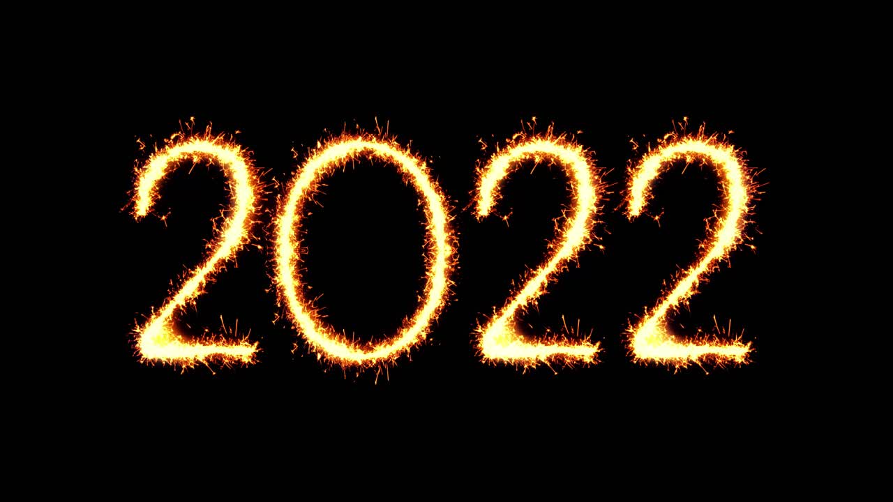 Happy new year 2022 text sparkler writing with glitter sparks particles firework on black 4k loop