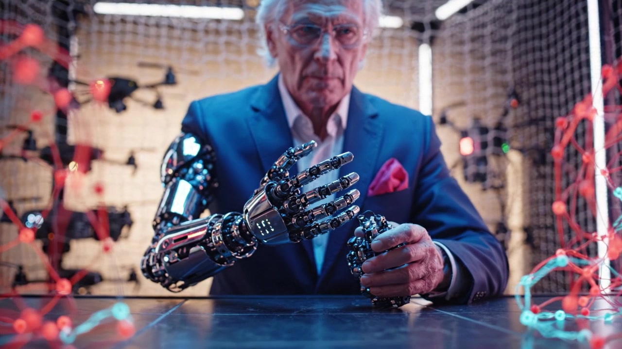 An elderly man explores human-robot interaction with a sophisticated robotic arm, highlighting the intersection of technology and aging in a futuristic environment.
