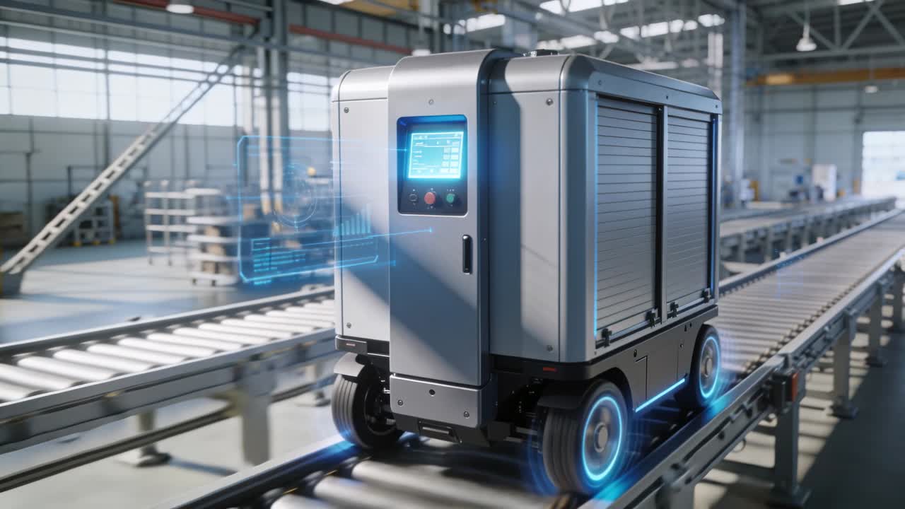 Vertical video: Touchscreen lighting AGV rolling on factory conveyor for delivery, with holo UI