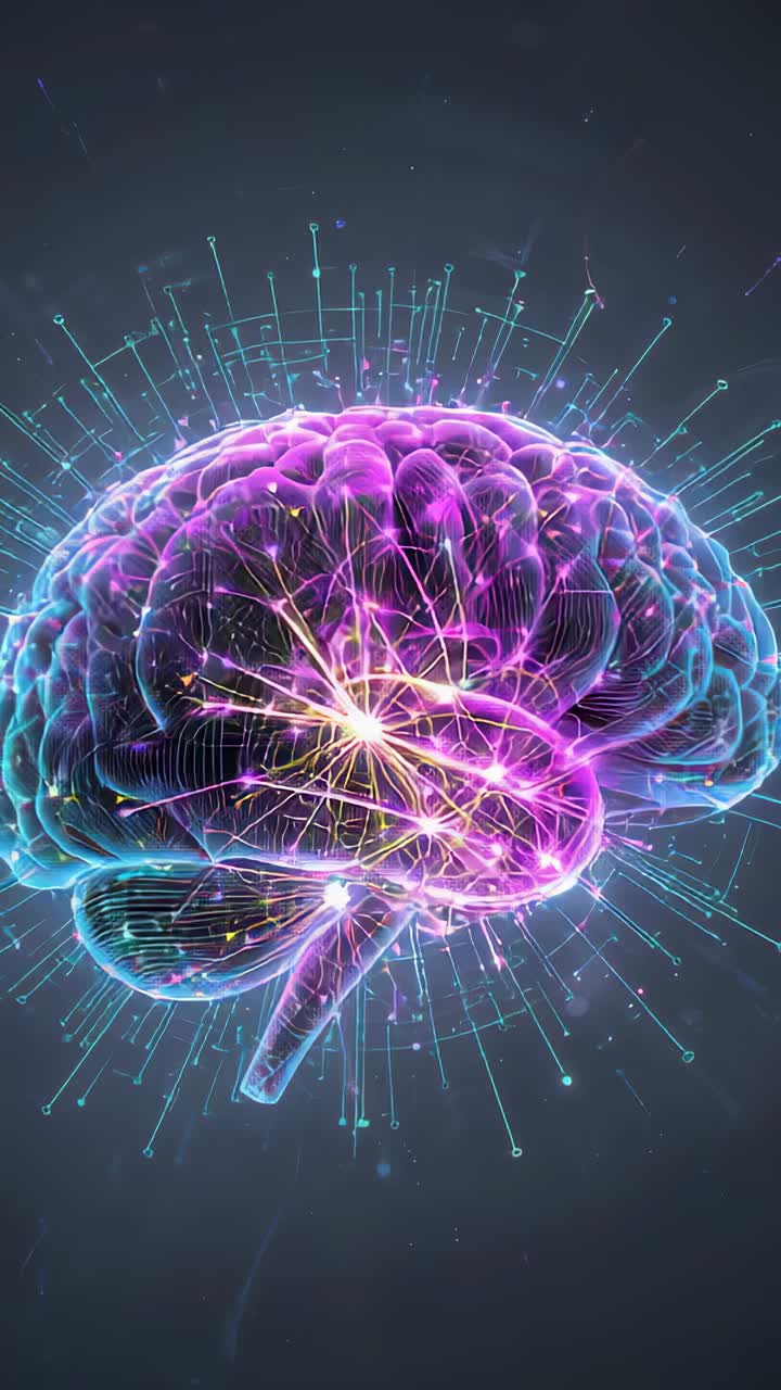 Video verticale: Flash che avvia il cervello pulsante con flusso di nodi lungo il web nello spazio astratto che si attiva