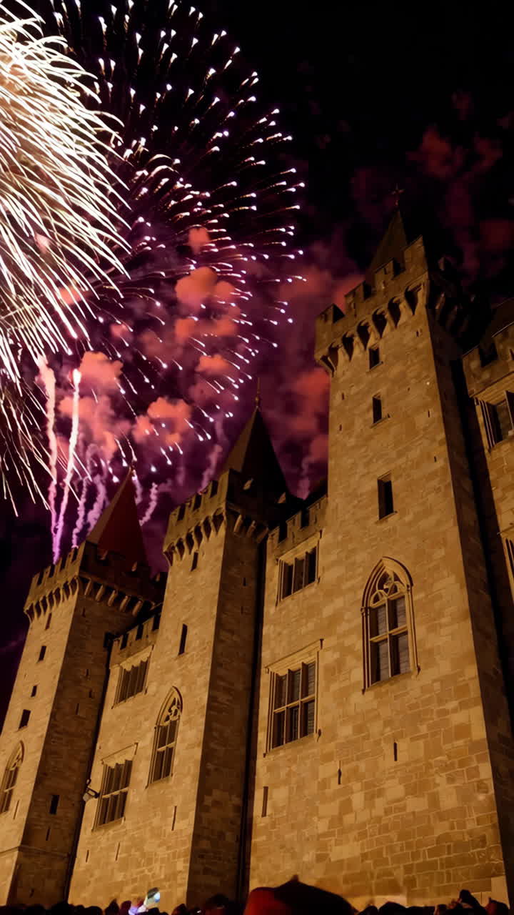 Fireworks over a historic castle at night