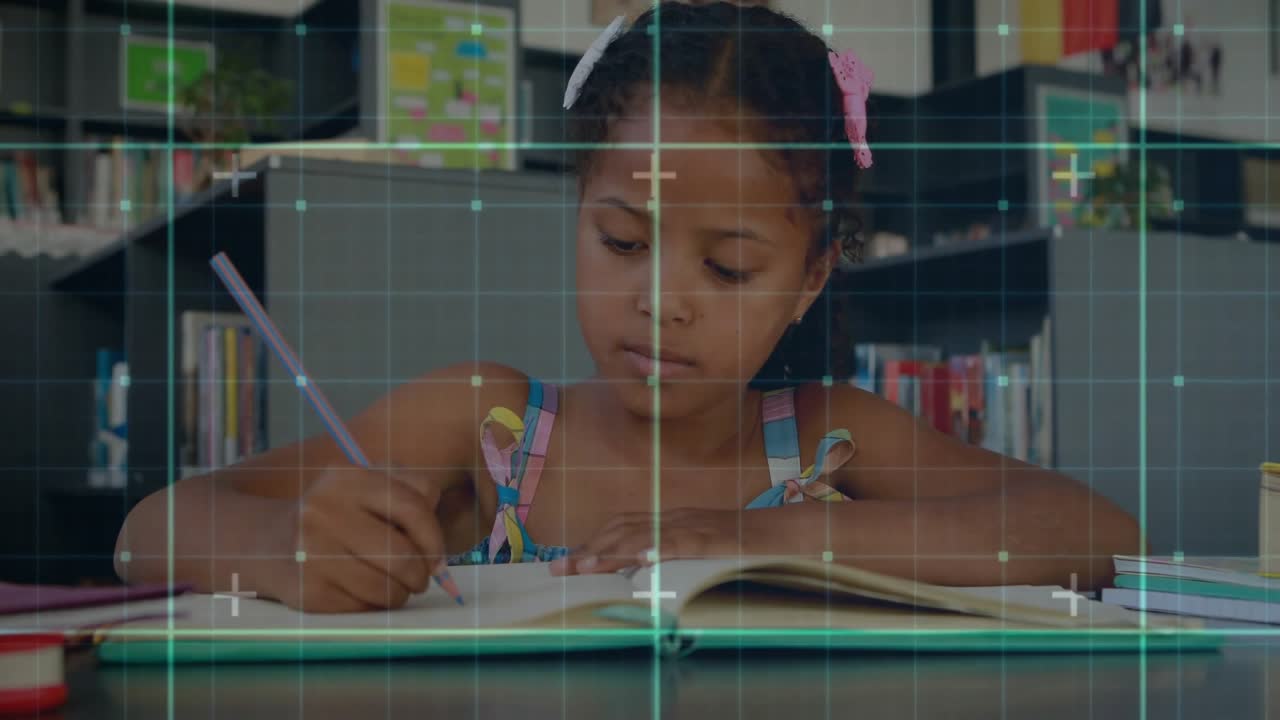 Child girl initiating writing with pencil on notebook at library table for practicing handwriting