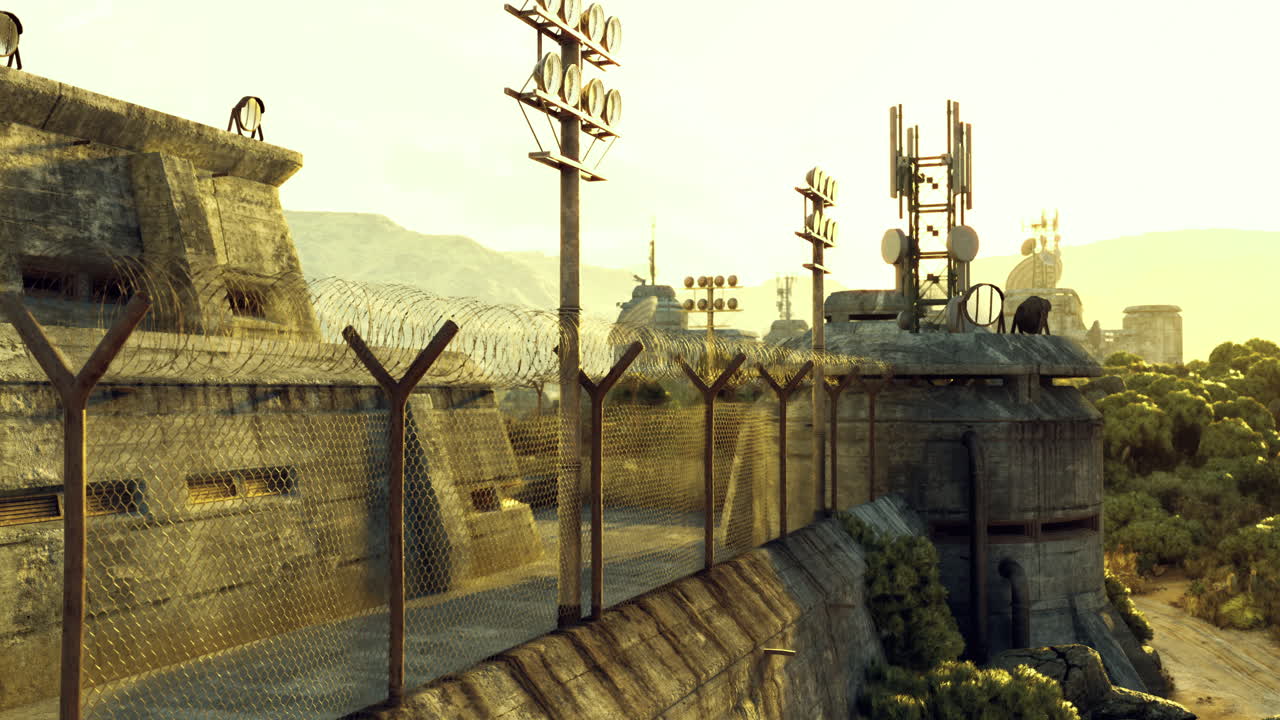 Abandoned fortress with a communication tower at dusk in a remote landscape