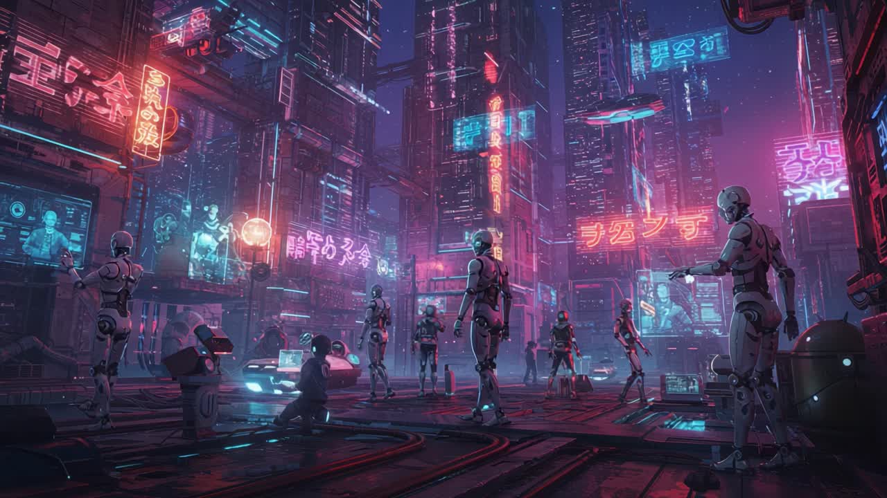 Eine futuristische Cyberpunk-Stadtlandschaft: Roboter und Neonlichter beleuchten eine dystopische urbane Landschaft und fangen die Essenz fortschrittlicher Technologie und KI-Interaktion ein