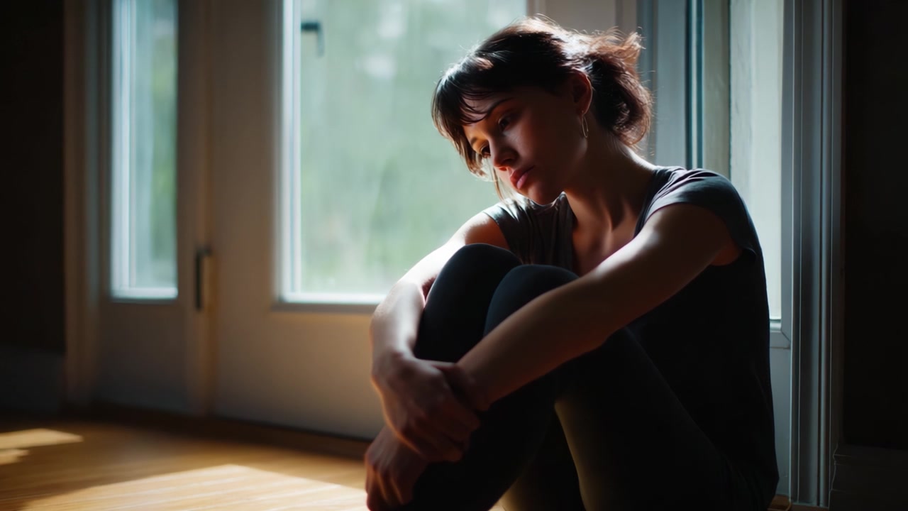 Riflessione Contemplativa: Una Giovane Donna Seduta in una Stanza Illuminata dal Sole, Profondamente Pensierosa ed Emozionata, Catturando un Momento di Introspezione e Vulnerabilità