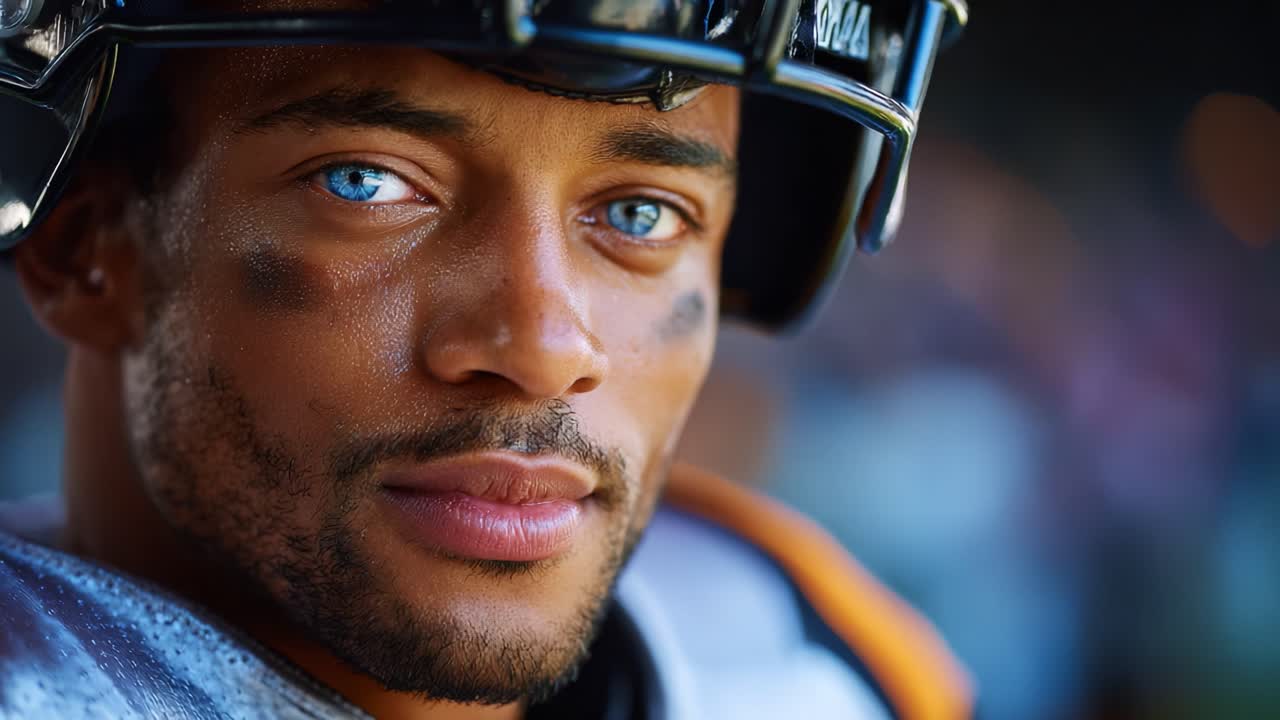 Close-up Portrait of an Intense Athlete in Football Gear with Striking Blue Eyes and Determined Expression, Capturing the Spirit of Competition and Focus