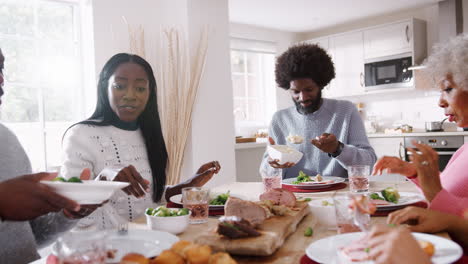 happy mixed race, multi generation family eating sunday dinner together, close up