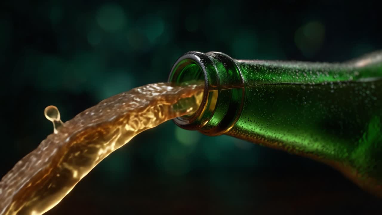 Bevanda deliziosa che si versa da una bottiglia di vetro verde coperta di condensa, mostrando schizzi di liquido rinfrescante contro uno sfondo astratto scintillante.