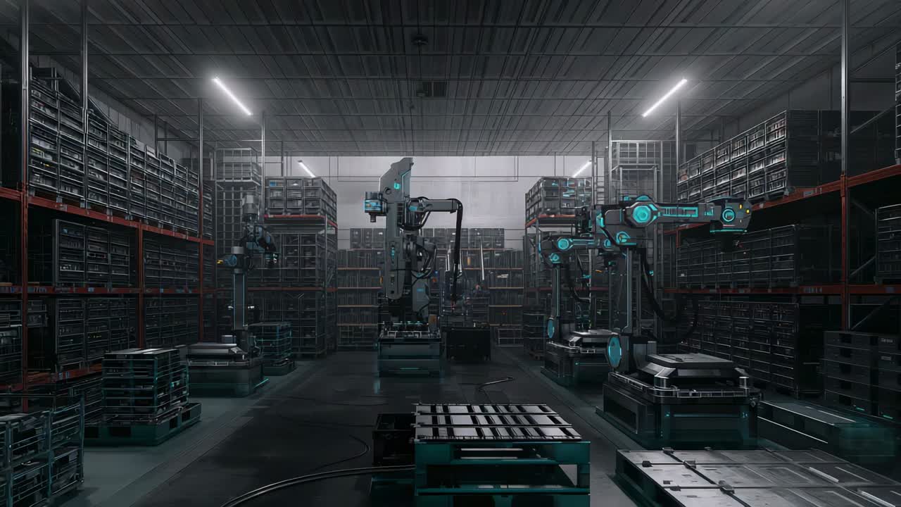 Glowing cyan lights signaling central robots swinging and extending in warehouse, loading pallets