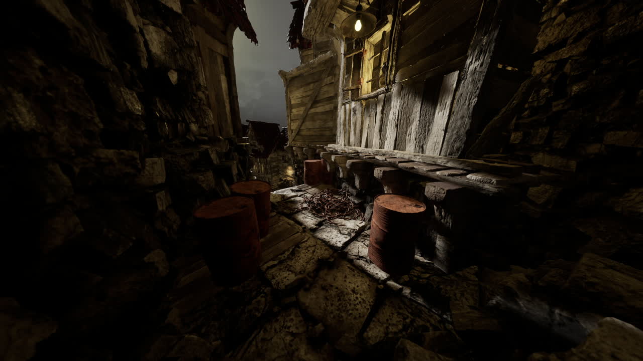 Dark alley with barrels