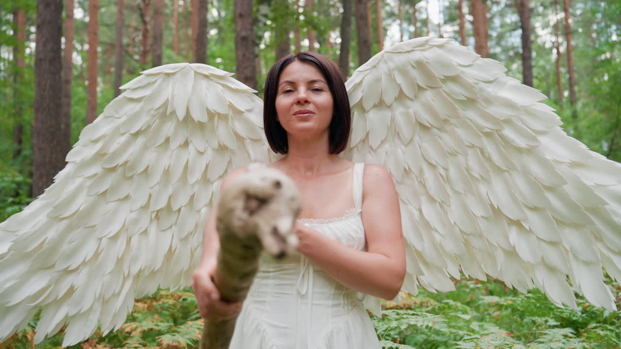 Dea alata, fata della foresta, in piedi con grazia tra felci e alberi, che tiene in mano un bastone e lancia un incantesimo con la mano tesa, sorridendo calorosamente in un bosco magico