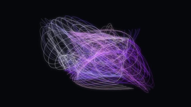 Abstract Glowing Purple and White Light Trails on Black Background