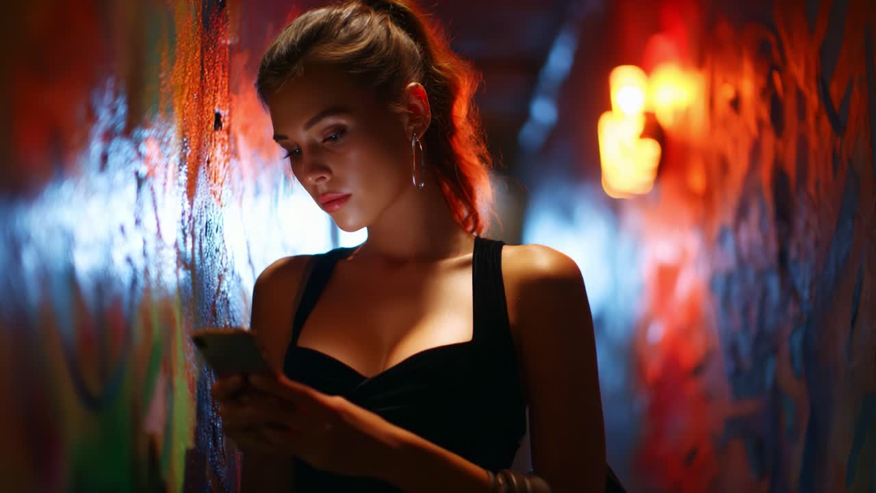 A young woman captured in a vibrant, graffiti-adorned hallway, intently focused on her smartphone, bathed in soft light, creating a mood of contemplation and connection amidst colorful surroundings