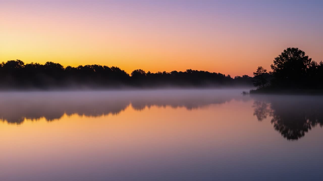 Serene Morning Mist Over Calm Water: A Breathtaking Sunrise Landscape Capturing the Tranquility of Nature's Beauty and Reflections in Soft Hues