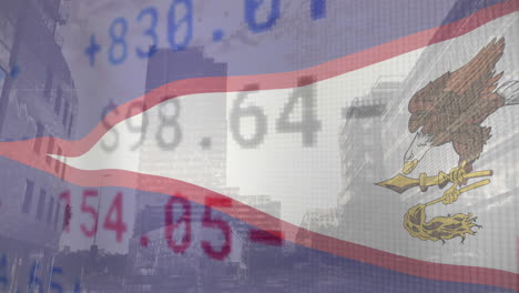animación de la bandera de samoa americana sobre el mercado de valores y el paisaje urbano.