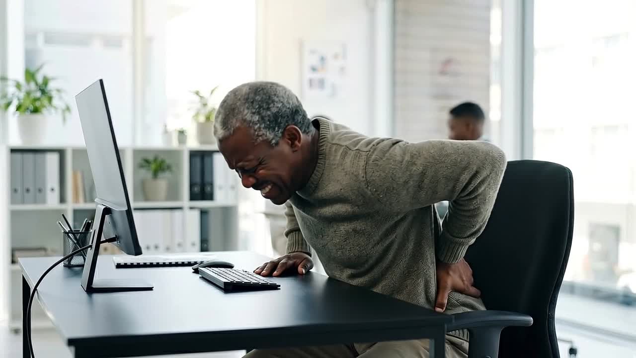 Mature Man Experiences Back Pain While Working at Office Desk