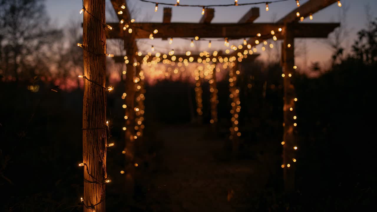 Camera pulling back, pergola revealing string lights along garden pathway, highlighting sunset