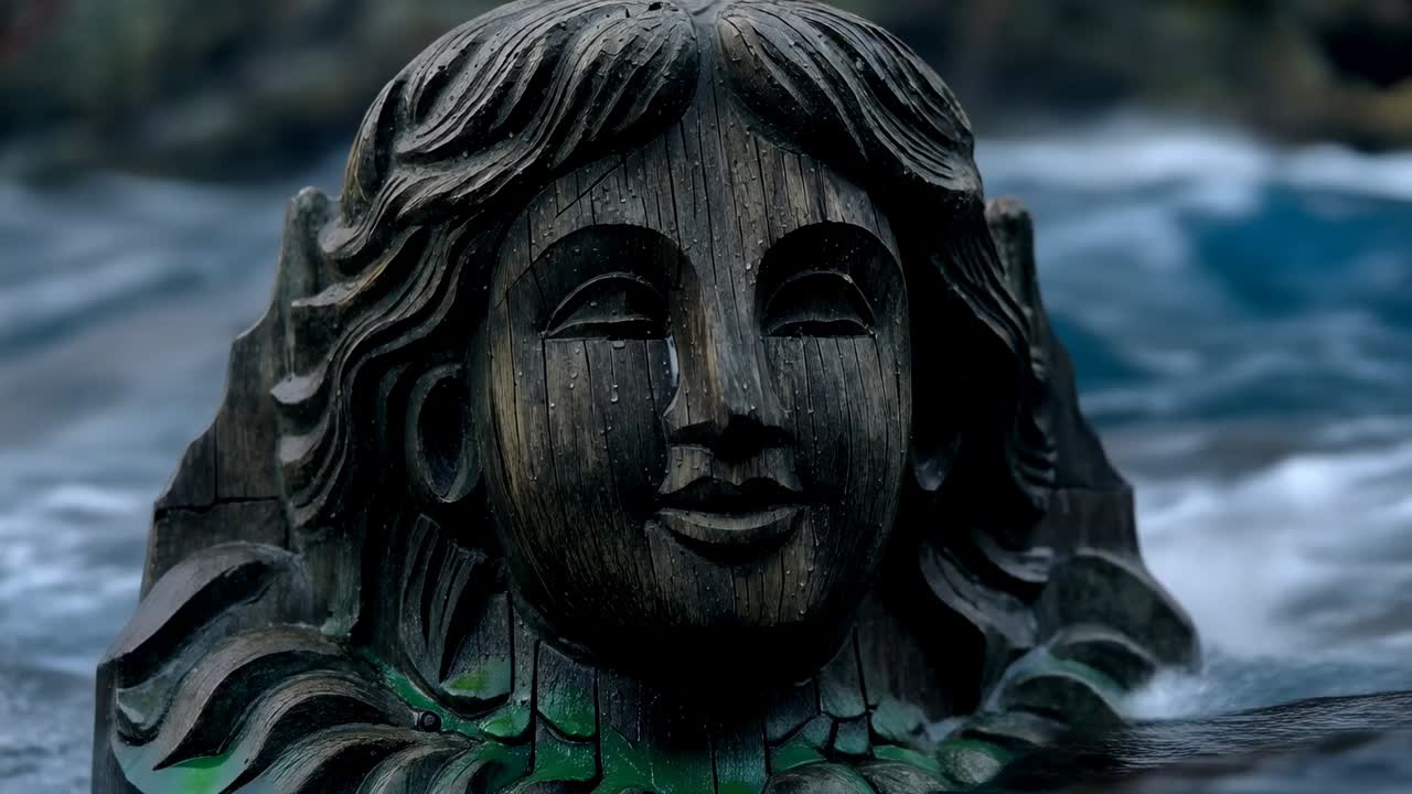 Ondas quebrando em cabeça de madeira esculpida enquanto a câmera se aproxima em um litoral rochoso, mostrando a pátina verde