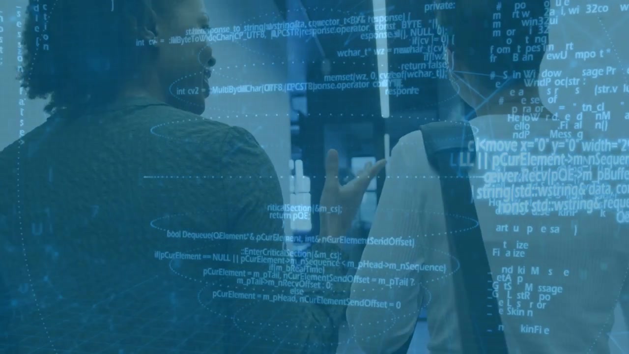 Two peers walking hall, left woman lifting phone causing code overlay showing work data to discuss