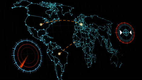 neon high tech network world map with radars and connecting lines, alpha channel included