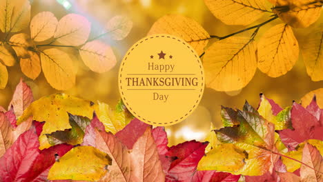 animation of thanksgiving text over autumn leaves scenery