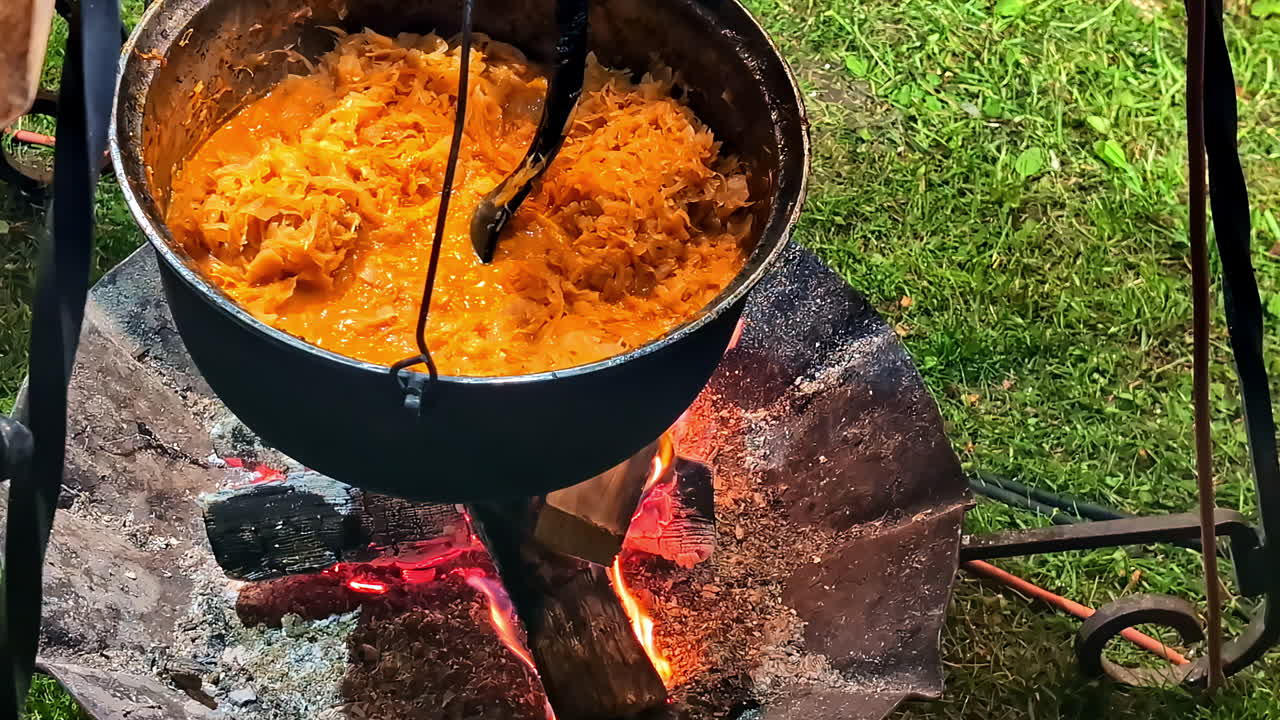 Rustic cauldron with cabbage stew cooking over open fire in grassy campsite
