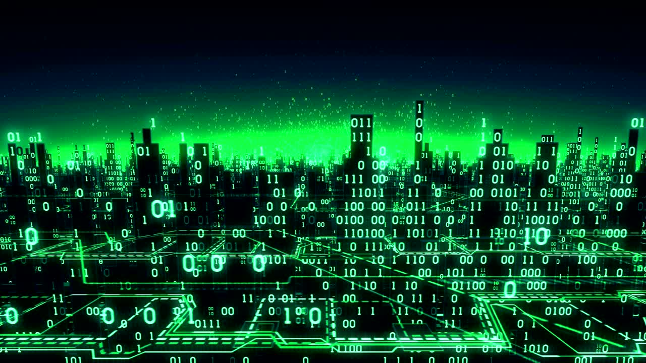 Aerial view of abstract futuristic binary city, a high-tech background with digital arrays connected to the global network, matrix, seamless loop, alpha matte