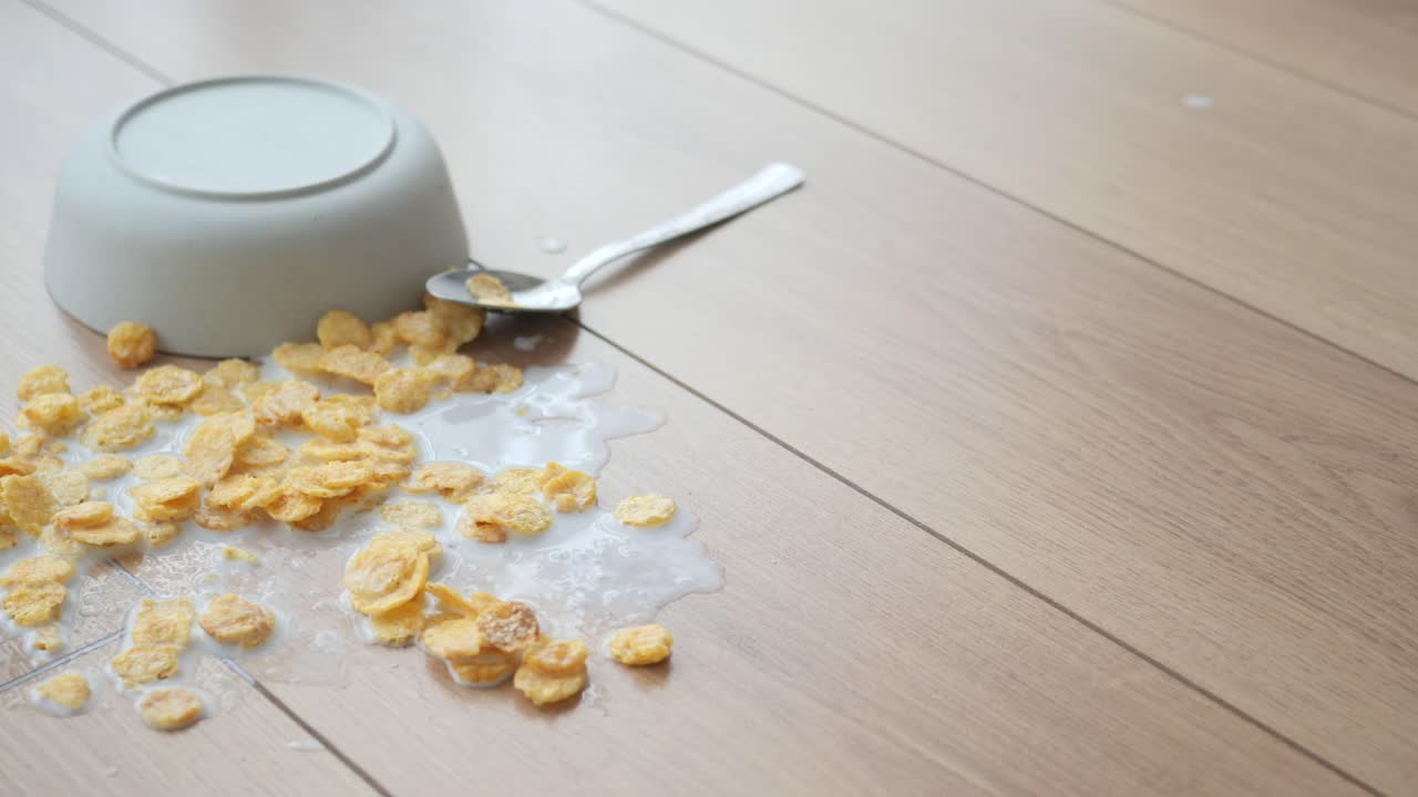 Spilled Cereal on Wooden Floor