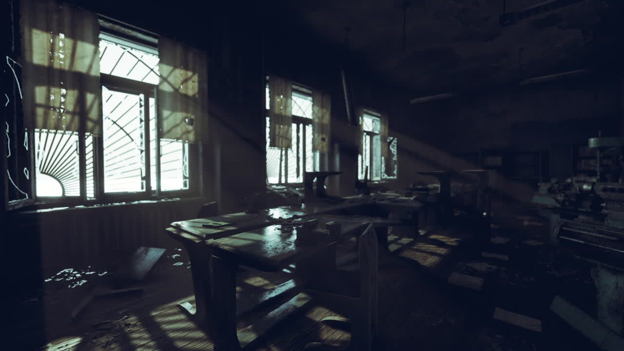 버려진 건물에서 먼지와 빛으로 가득 찬 잊혀진 교실